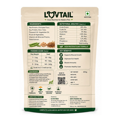 LOVTAIL Puppy Dog Food | 100% Plant-Based | Supports Muscle Growth, Digestion & Healthy Coat | 400g