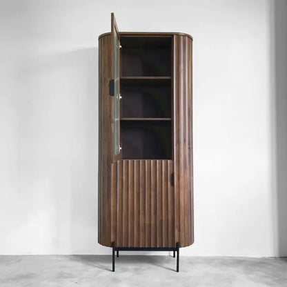 Tall Wooden Cabinet with Fluted Doors & Glass Panel