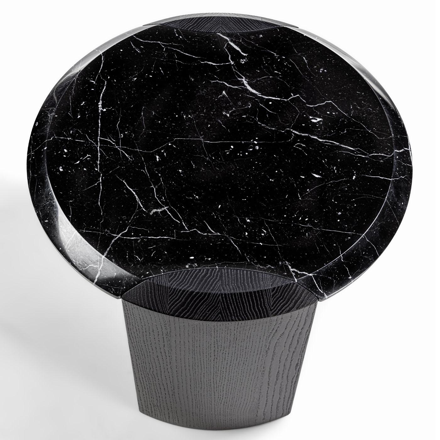 Black Marble Top Side Table with Sculpted Wooden Base
