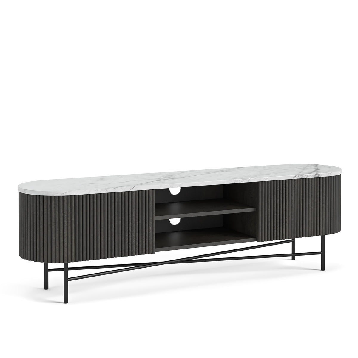 Modern Black Fluted TV Console with Marble Top