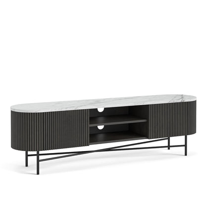 Modern Black Fluted TV Console with Marble Top