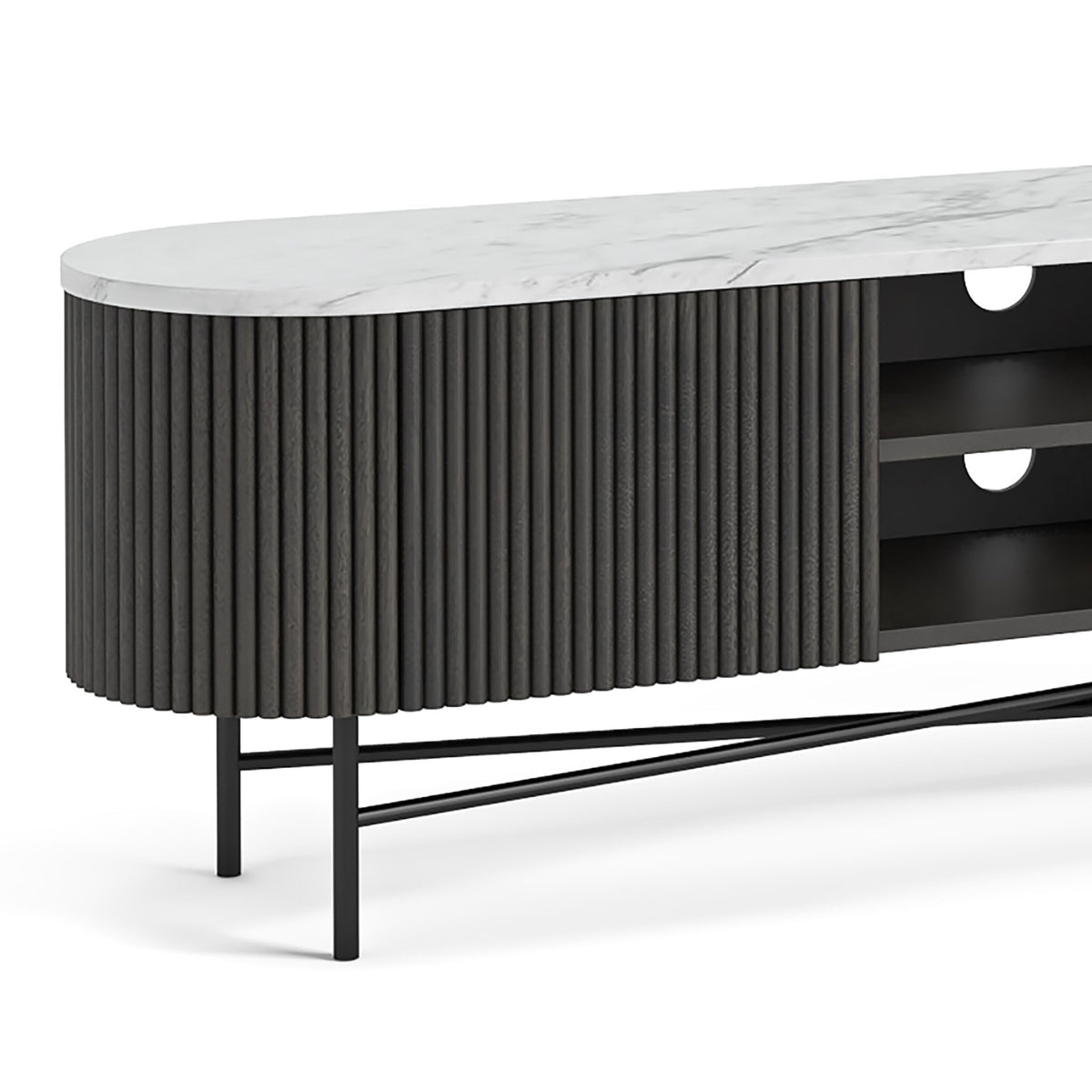 Modern Black Fluted TV Console with Marble Top
