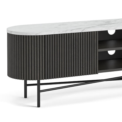 Modern Black Fluted TV Console with Marble Top