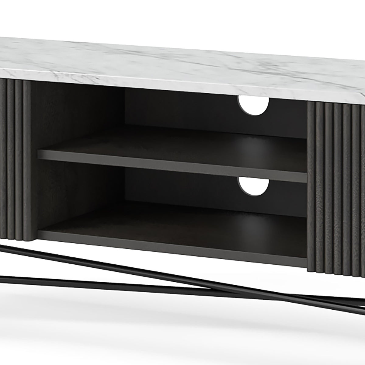 Modern Black Fluted TV Console with Marble Top